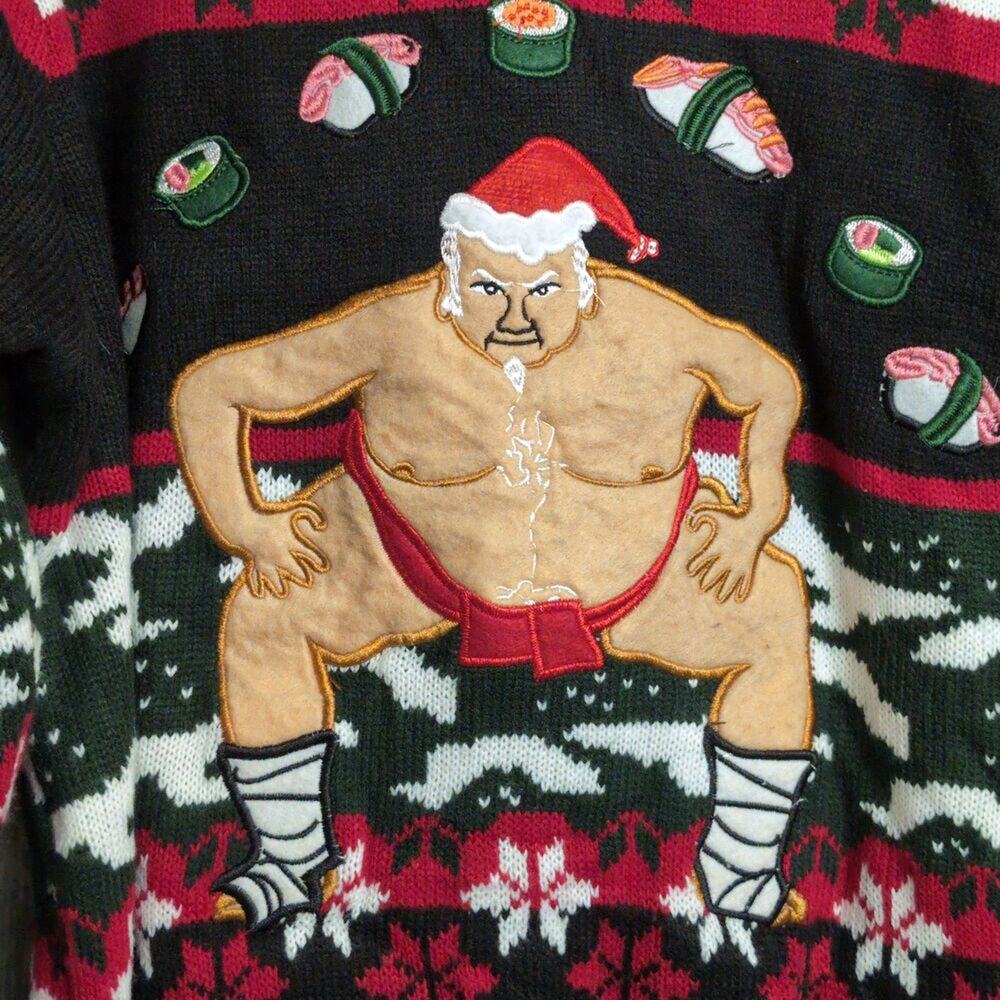 Blizzard Bay Red Ugly Christmas Sumo Santa Sushi Crew Neck Sweater Size XL - Picture 2 of 7
